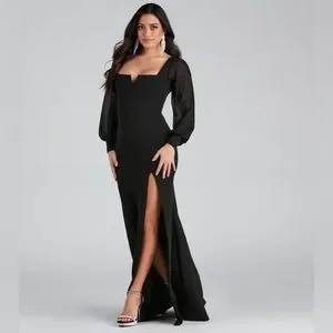 Elegant Black Long Sleeve Formal Dress Windsor Dresses Windsor Veronica  Formal Chiffon Sleeve Slit Long Dress